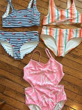 Kids Pink Swirl One-Piece Swimsuit, Two bikini sets! Size XL 14-16